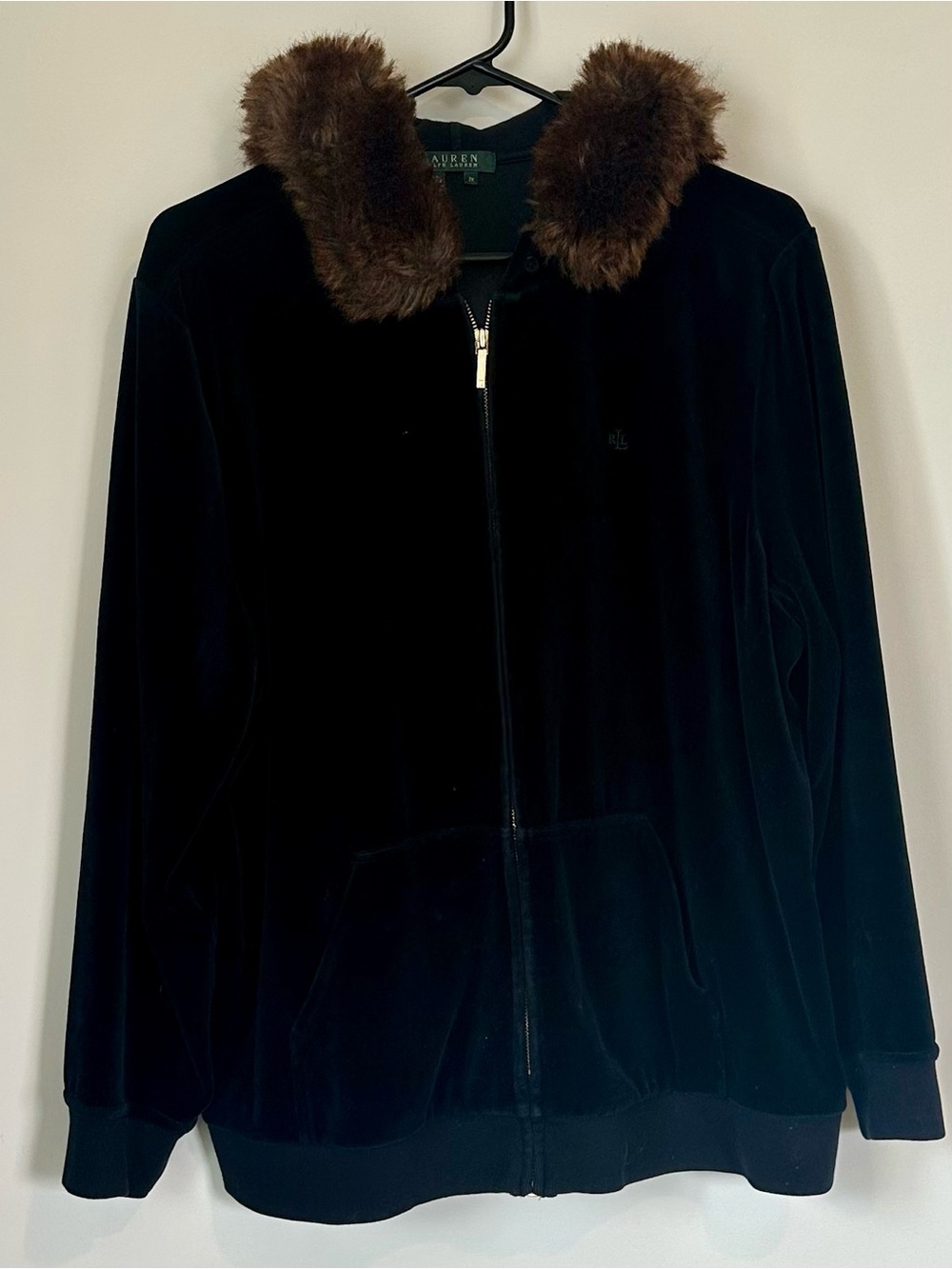 Ralph Lauren Navy Black Velvet Velour Zip Jacket with Removable Faux Fur Trim 2X